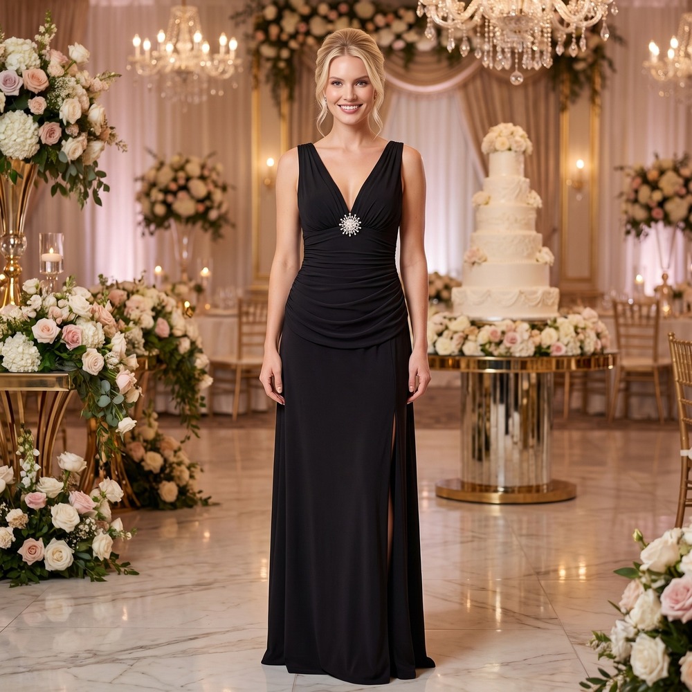 Betsy & Adam BA1616 Gown Women 14 Black Ruched Rhinestone Formal Slit